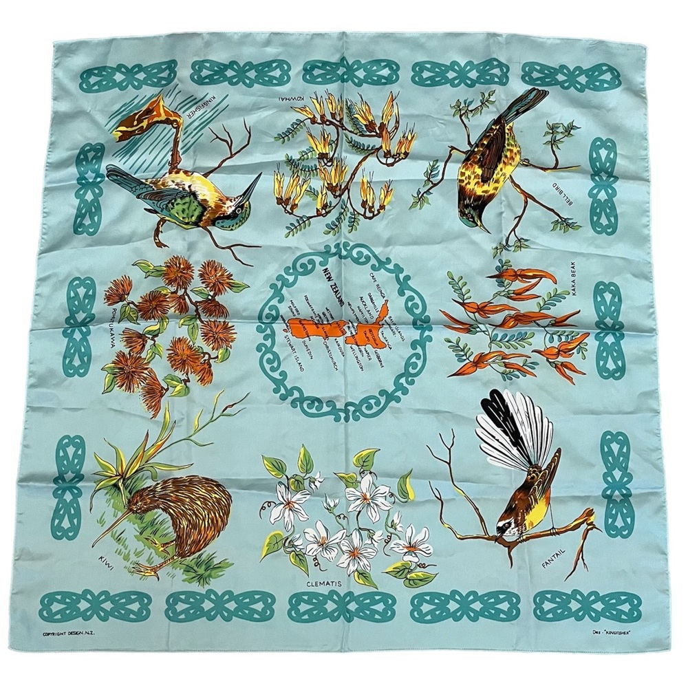 New Zealand Map Scarf Birds Kiwi Kingfisher Fantail Bell bird Aqua blue